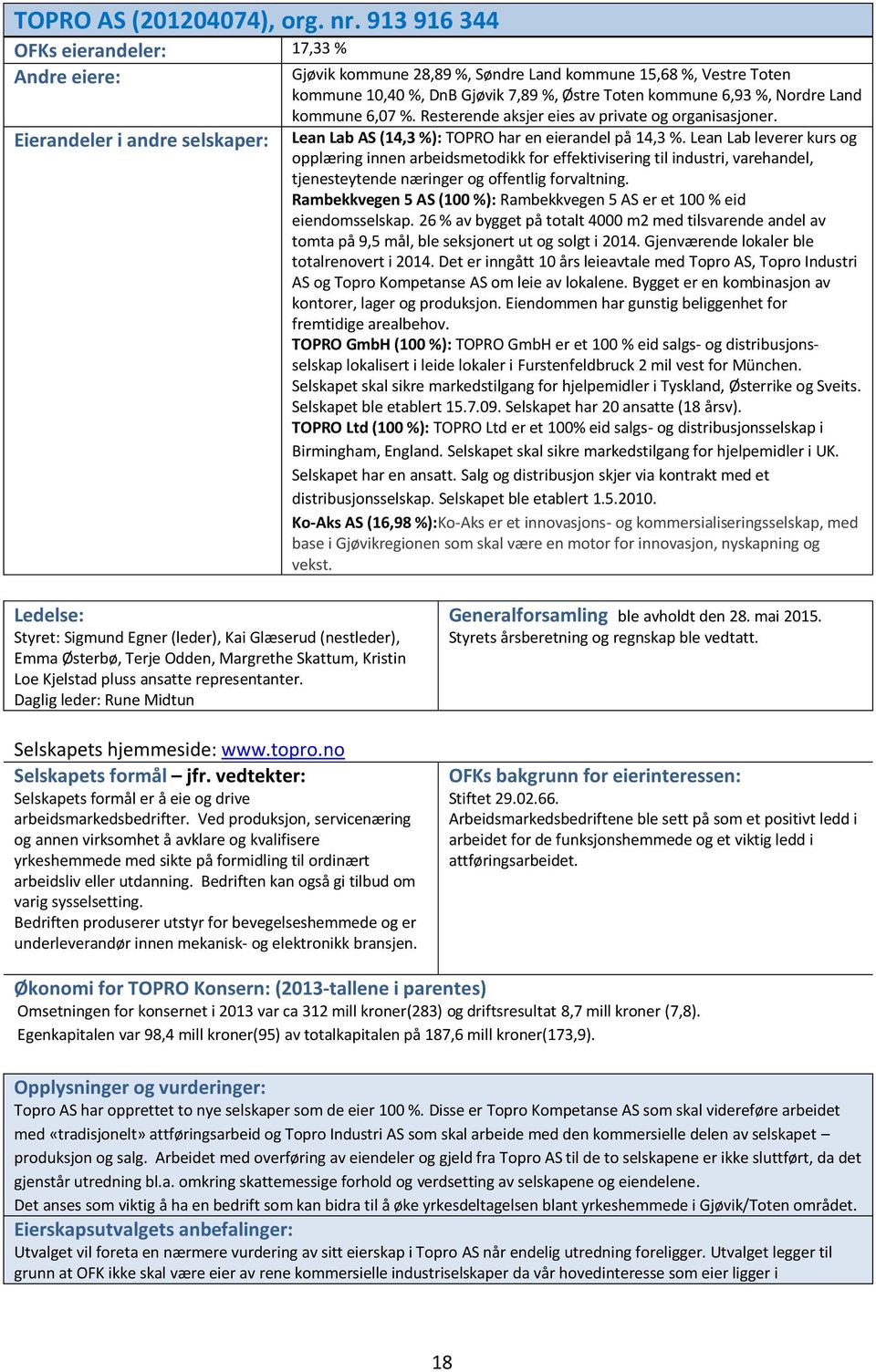 kommune 6,07 %. Resterende aksjer eies av private og organisasjoner. Eierandeler i andre selskaper: Lean Lab AS (14,3 %): TOPRO har en eierandel på 14,3 %.