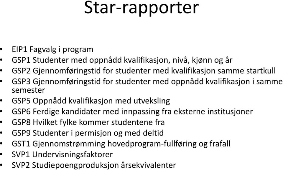 utveksling GSP6 Ferdige kandidater med innpassing fra eksterne institusjoner GSP8 Hvilket fylke kommer studentene fra GSP9 Studenter i