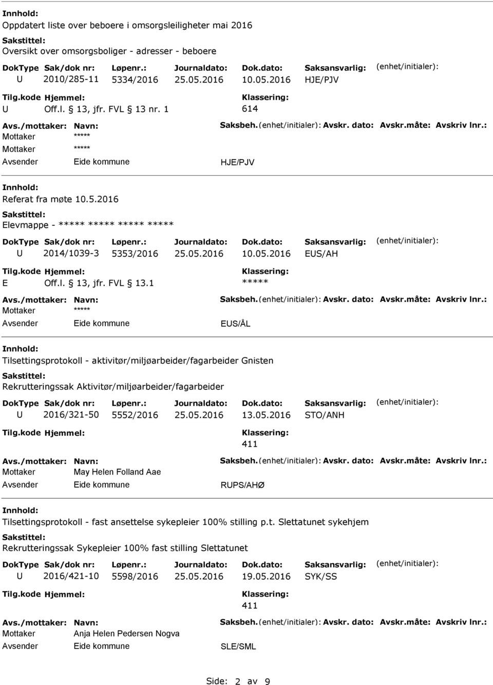 2016 S/AH Mottaker S/ÅL Tilsettingsprotokoll - aktivitør/miljøarbeider/fagarbeider Gnisten Rekrutteringssak Aktivitør/miljøarbeider/fagarbeider 2016/321-50 5552/2016 13.05.