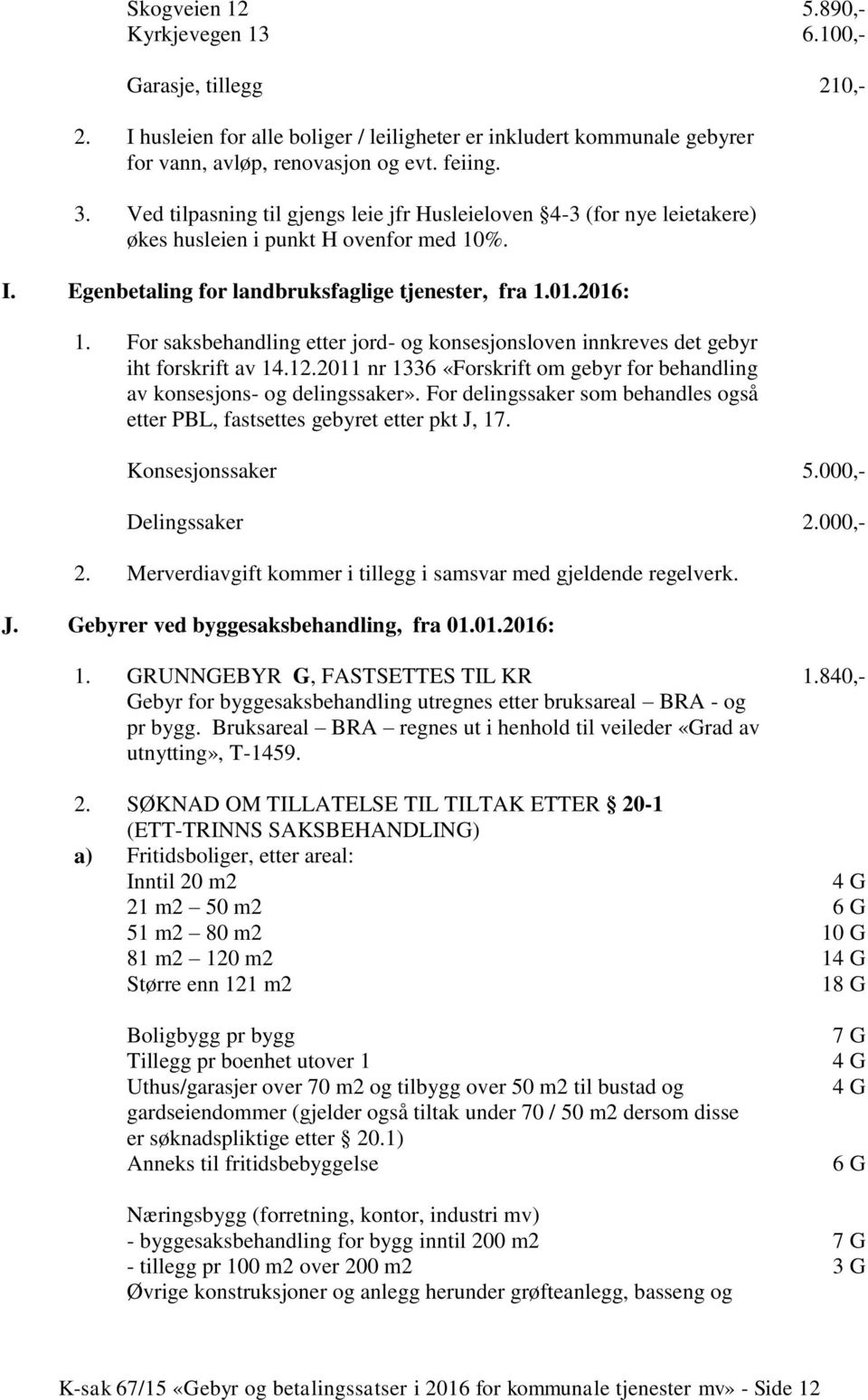 For saksbehandling etter jord- og konsesjonsloven innkreves det gebyr iht forskrift av 14.12.2011 nr 1336 «Forskrift om gebyr for behandling av konsesjons- og delingssaker».