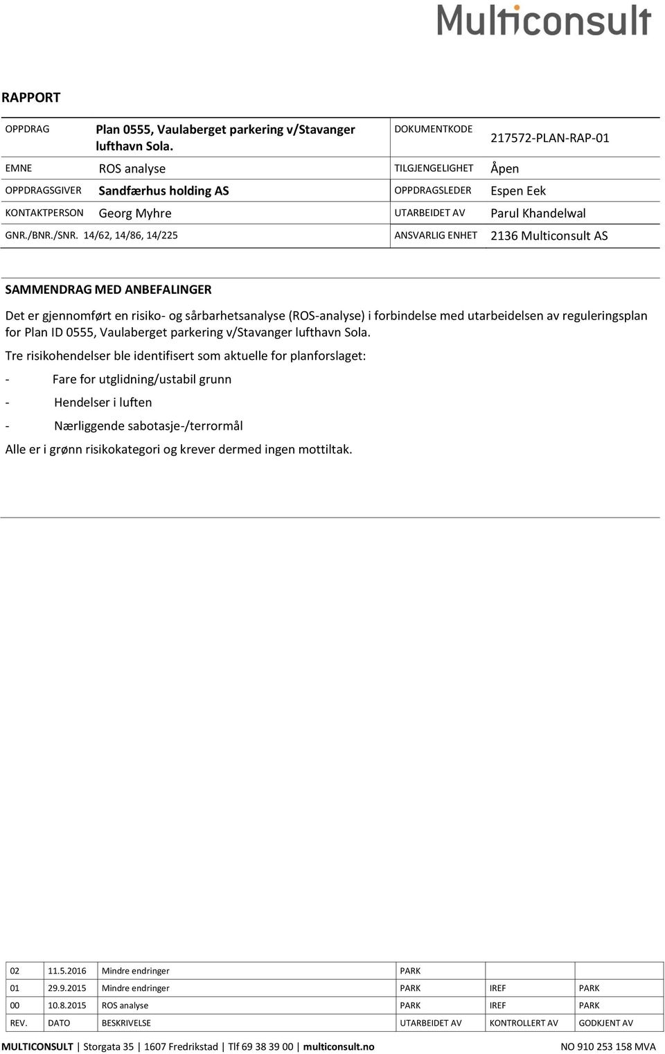 /SNR. 14/62, 14/86, 14/225 ANSVARLIG ENHET 2136 Multiconsult AS SAMMENDRAG MED ANBEFALINGER Det er gjennomført en risiko- og sårbarhetsanalyse (ROS-analyse) i forbindelse med utarbeidelsen av