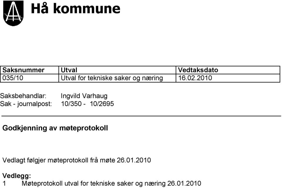 2010 Saksbehandlar: Ingvild Varhaug Sak - journalpost: 10/350-10/2695