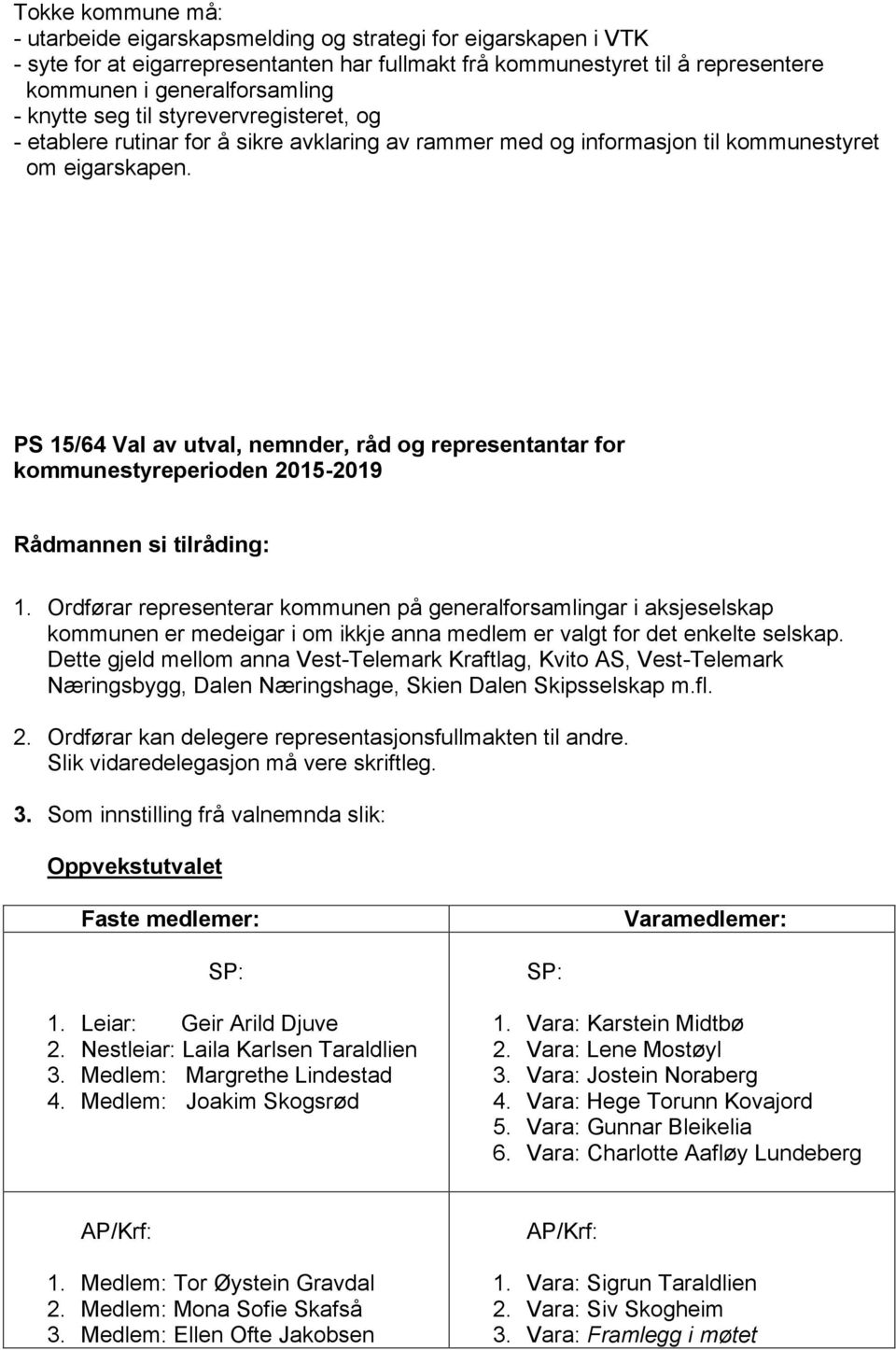 PS 15/64 Val av utval, nemnder, råd og representantar for kommunestyreperioden 2015-2019 Rådmannen si tilråding: 1.