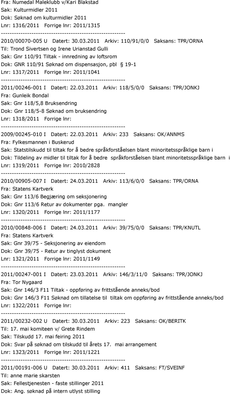 Forrige lnr: 2011/1041 2011/00246-001 I Datert: 22.03.