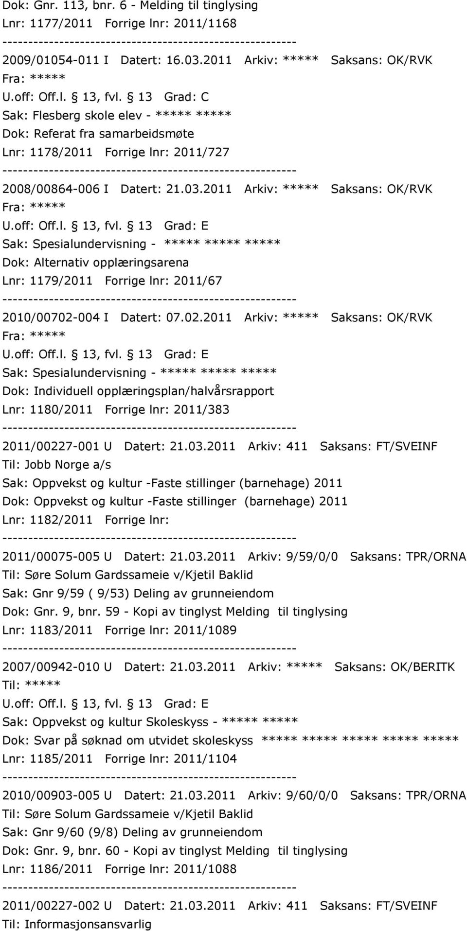 2011 Arkiv: ***** Saksans: OK/RVK Sak: Spesialundervisning - ***** ***** ***** Dok: Alternativ opplæringsarena Lnr: 1179/2011 Forrige lnr: 2011/67 2010/00702-