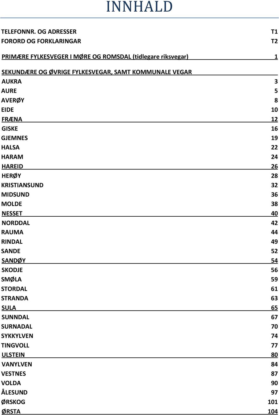 FYLKESVEGR, SMT KOMMUNLE VEGR UUKR 3 URE 5 VERØY 8 EIDE 10 UFRÆN 12 UGISKE 16 GJEMNES 19 HLS HRM UHREID 26 UHERØY KRISTINSUND