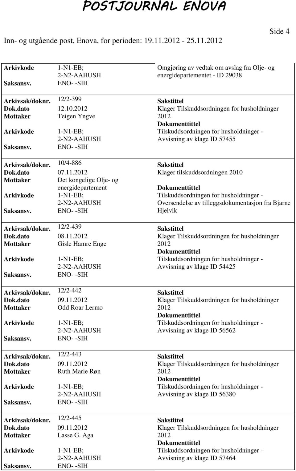 Klager tilskuddsordningen 2010 Mottaker Det kongelige Olje- og energidepartement 1-N1-EB; ENO- -SIH Oversendelse av tilleggsdokumentasjon fra Bjarne Hjelvik Arkivsak/doknr. 12/2-439 Sakstittel Dok.