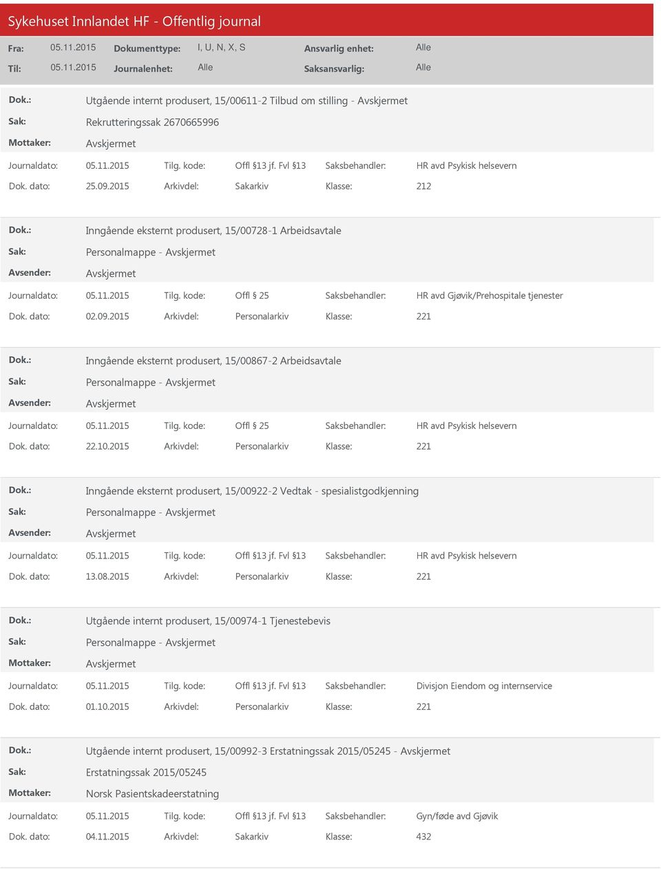 2015 Arkivdel: Personalarkiv Inngående eksternt produsert, 15/00867-2 Arbeidsavtale Personalmappe - HR avd Psykisk helsevern Dok. dato: 22.10.