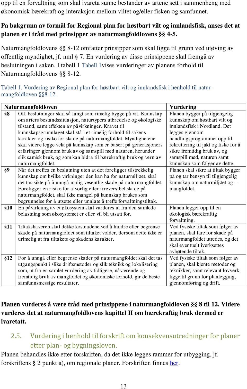 Naturmangfoldlovens 8-12 omfatter prinsipper som skal ligge til grunn ved utøving av offentlig myndighet, jf. nml 7. En vurdering av disse prinsippene skal fremgå av beslutningen i saken.