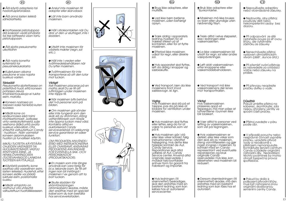 Pesukonetta sijoitettaessa on pidettдvд huoli, ettд koneen pohjassa olevia ilmankiertoaukkoja ei tukita esim. matolla. Koneen nostossa on tarpeen kaksi henkilцд kuten kuvassa.