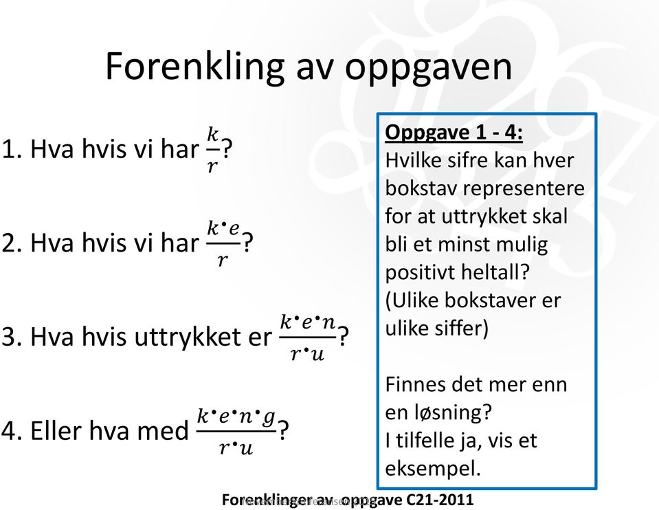 Forenklinger Novemberkonferansen av oppgave 2015 C21-2011 Oppgave 1-4: Hvilke sifre kan hver bokstav