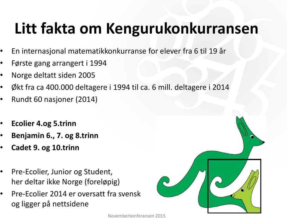 deltagere i 2014 Rundt 60 nasjoner (2014) Ecolier 4.og 5.trinn Benjamin 6., 7. og 8.trinn Cadet 9. og 10.