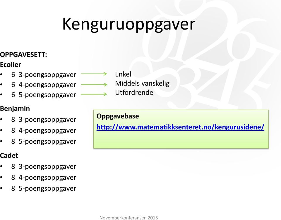 5-poengsoppgaver Enkel Middels vanskelig Utfordrende Oppgavebase http://www.