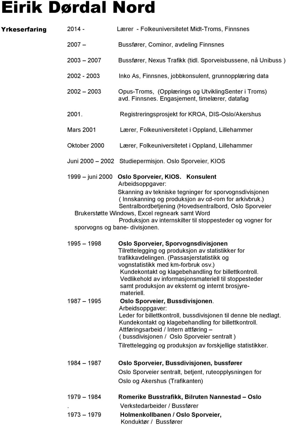 Registreringsprosjekt for KROA, DIS-Oslo/Akershus Mars 2001 Oktober 2000 Lærer, Folkeuniversitetet i Oppland, Lillehammer Lærer, Folkeuniversitetet i Oppland, Lillehammer Juni 2000 2002