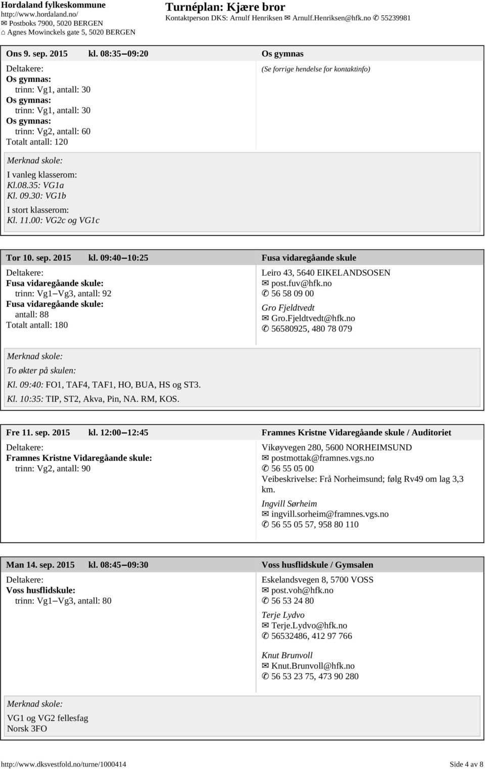 09:40 10:25 Fusa vidaregåande skule Fusa vidaregåande skule: trinn: Vg1 Vg3, antall: 92 Fusa vidaregåande skule: antall: 88 Totalt antall: 180 Leiro 43, 5640 EIKELANDSOSEN post.fuv@hfk.