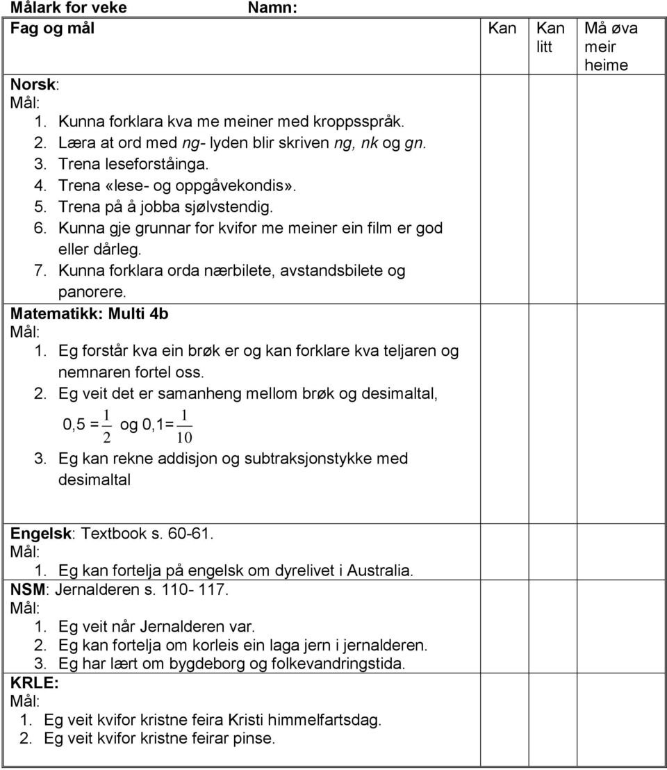 Matematikk: Multi 4b 1. Eg forstår kva ein brøk er og kan forklare kva teljaren og nemnaren fortel oss. 2.