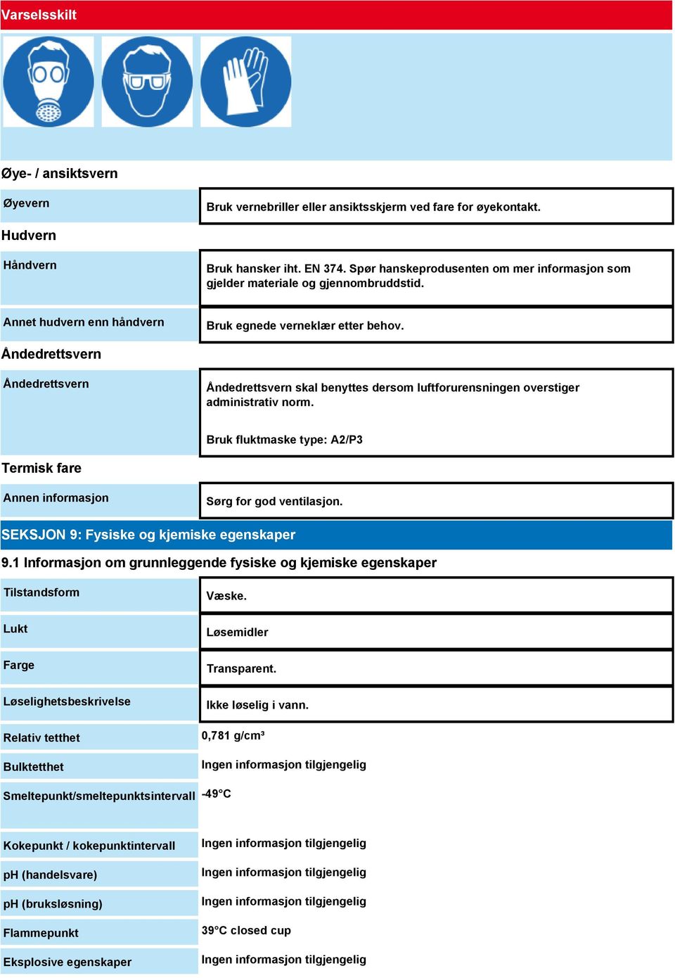 Åndedrettsvern Åndedrettsvern Åndedrettsvern skal benyttes dersom luftforurensningen overstiger administrativ norm. Bruk fluktmaske type: A2/P3 Termisk fare Annen informasjon Sørg for god ventilasjon.