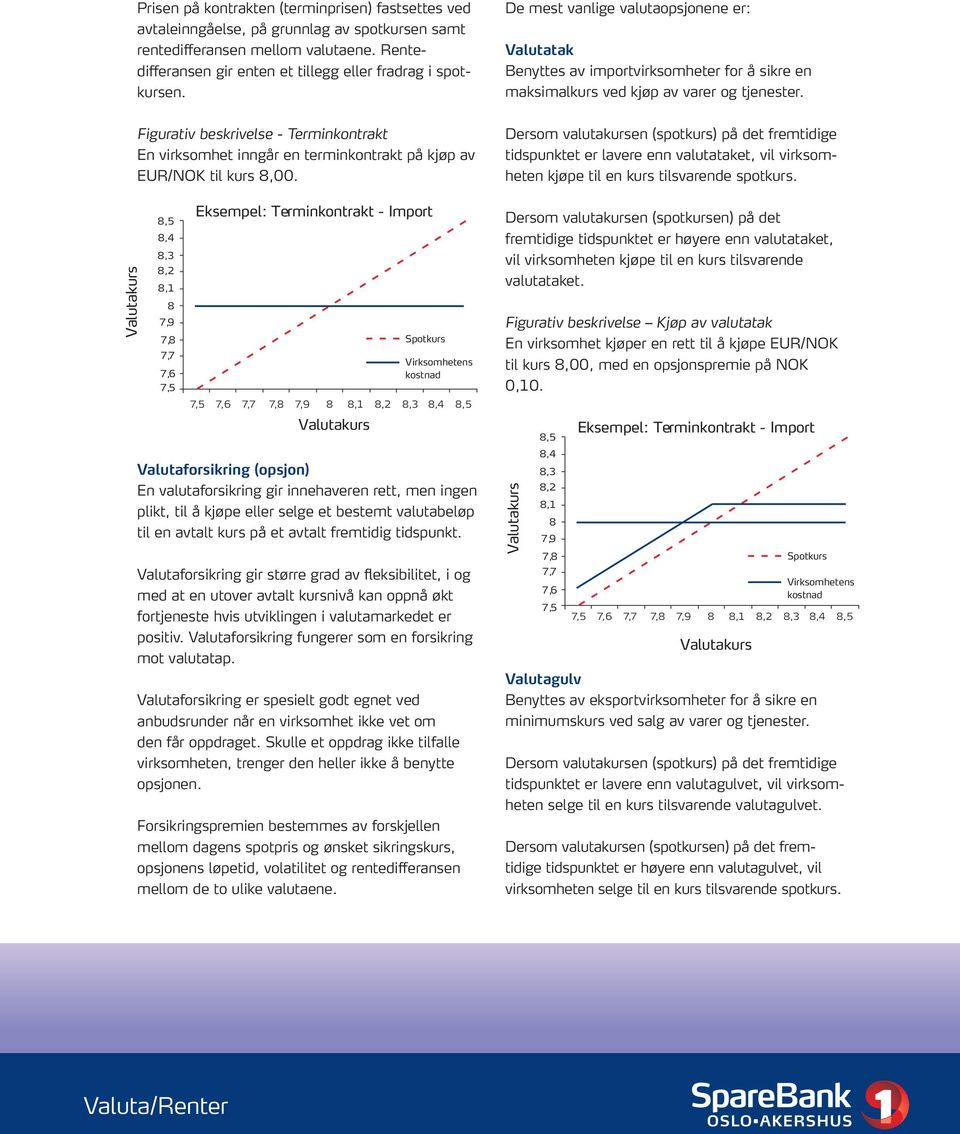 De mest vanlige valutaopsjonene er: Valutatak Benyttes av importvirksomheter for å sikre en maksimalkurs ved kjøp av varer og tjenester.