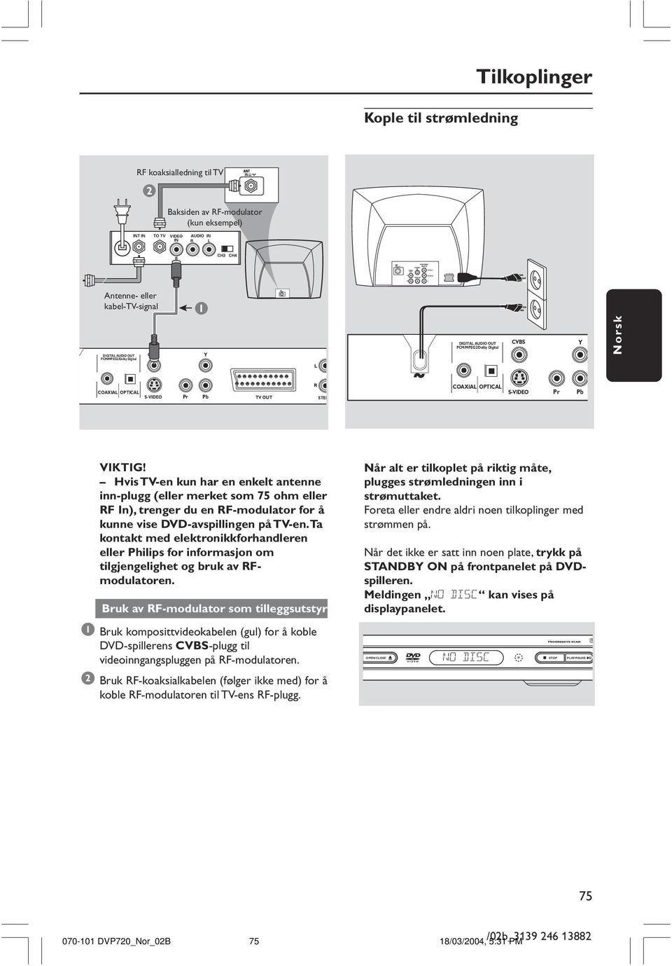 TV OUT R STER COAXIAL OPTICAL S-VIDEO Pr Pb VIKTIG!