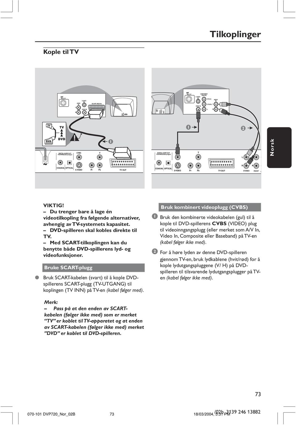 OUT COAXIAL OPTICAL S-VIDEO R R Pr Pb TV OUT STEREO FRONT W VIKTIG! Du trenger bare å lage én videotilkopling fra følgende alternativer, avhengig av TV-systemets kapasitet.