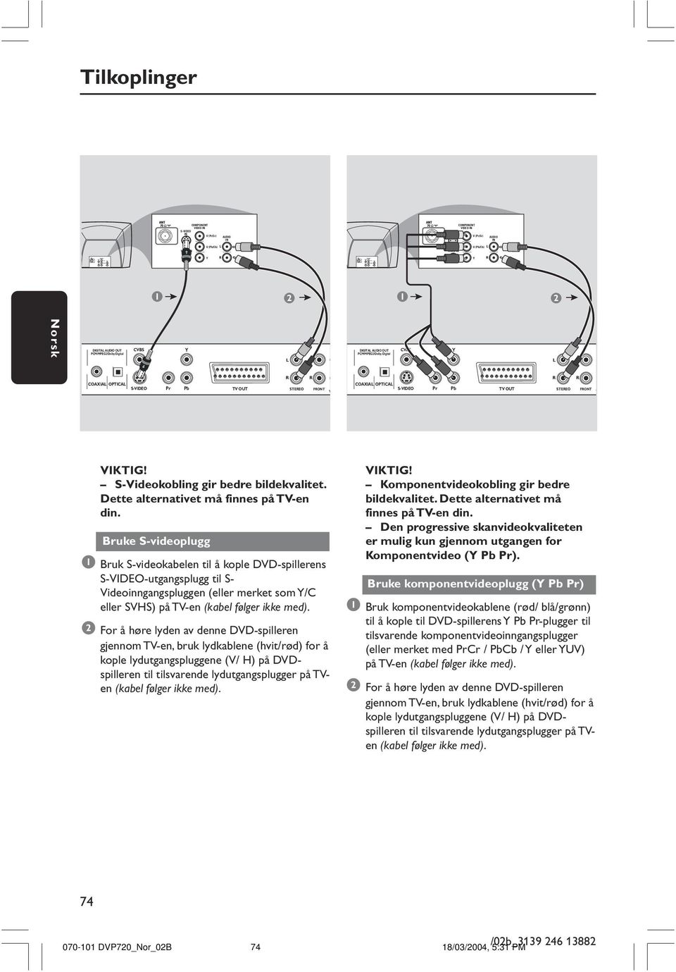 Digital CVBS Y L L L L COAXIAL OPTICAL S-VIDEO R R Pr Pb TV OUT STEREO FRONT W COAXIAL OPTICAL S-VIDEO R R Pr Pb TV OUT STEREO FRONT W VIKTIG! S-Videokobling gir bedre bildekvalitet.