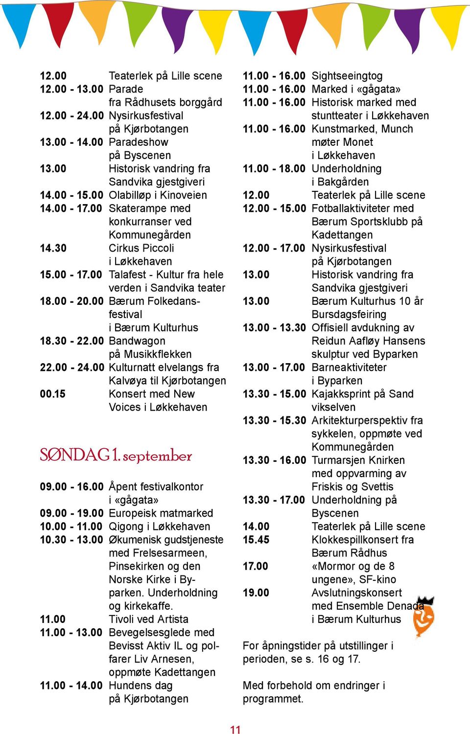 00-20.00 Bærum Folkedansfestival i Bærum Kulturhus 18.30-22.00 Bandwagon på Musikkflekken 22.00-24.00 Kulturnatt elvelangs fra Kalvøya til Kjørbotangen 00.
