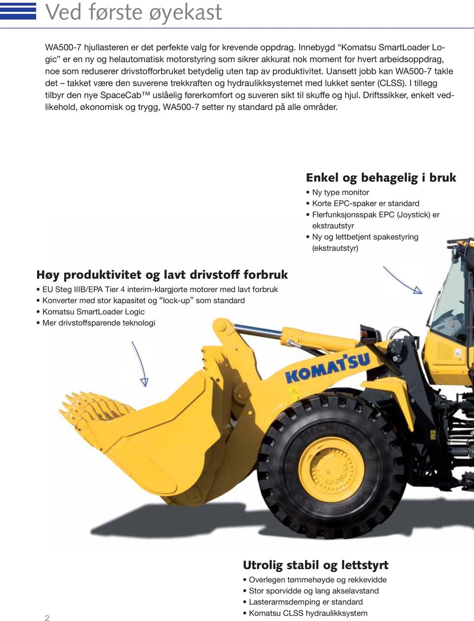 produktivitet. Uansett jobb kan WA500-7 takle det takket være den suverene trekkraften og hydraulikksystemet med lukket senter (CLSS).