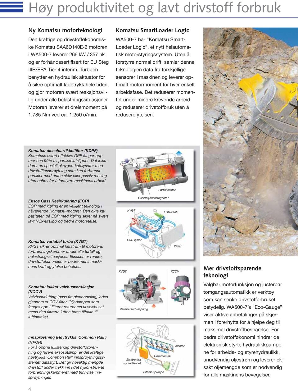 Motoren leverer et dreiemoment på 1.785 Nm ved ca. 1.250 o/min. Komatsu SmartLoader Logic WA500-7 har Komatsu Smart- Loader Logic, et nytt helautomatisk motorstyringssystem.