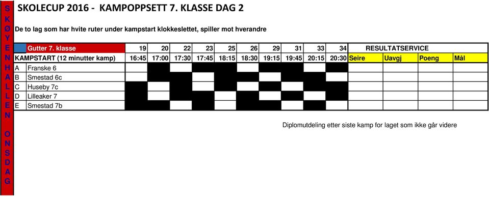 klasse 19 20 22 23 25 26 29 31 33 34 RSUTTSRVIC KMPSTRT (12 minutter kamp) 16:45 17:00 17:30 17:45 18:15