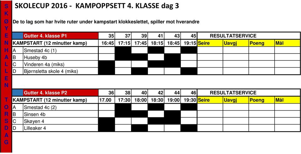 klasse P1 35 37 39 41 43 45 RSUTTSRVIC KMPSTRT (12 minutter kamp) 16:45 17:15 17:45 18:15 18:45 19:15 Seire Uavgj Poeng Mål H