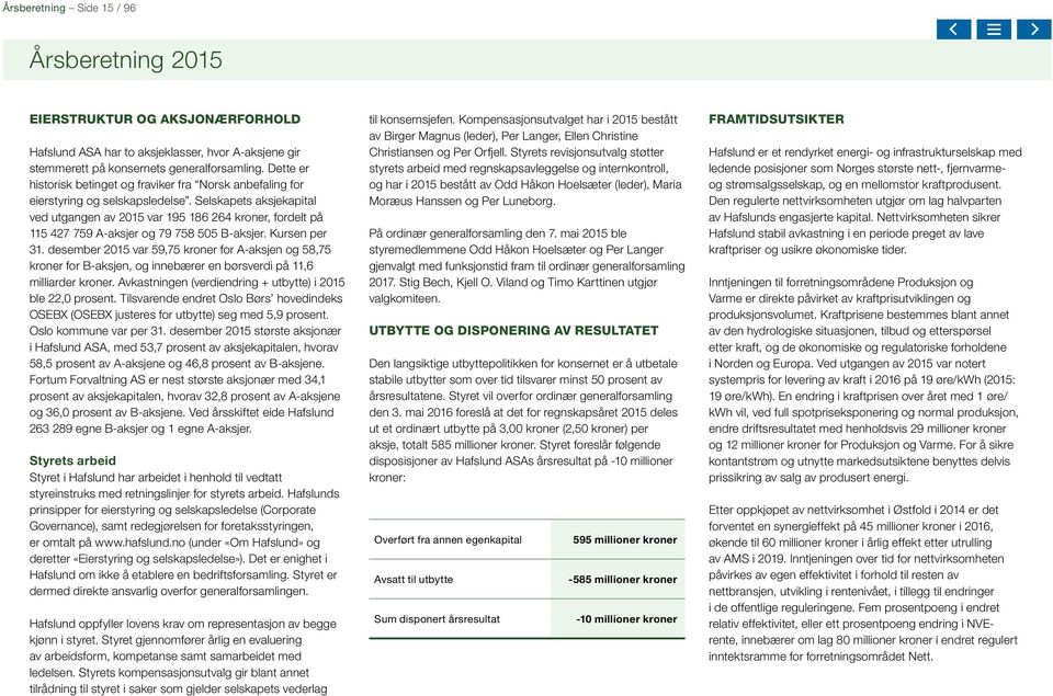 Selskapets aksjekapital ved utgangen av 2015 var 195 186 264 kroner, fordelt på 115 427 759 A-aksjer og 79 758 505 B-aksjer. Kursen per 31.