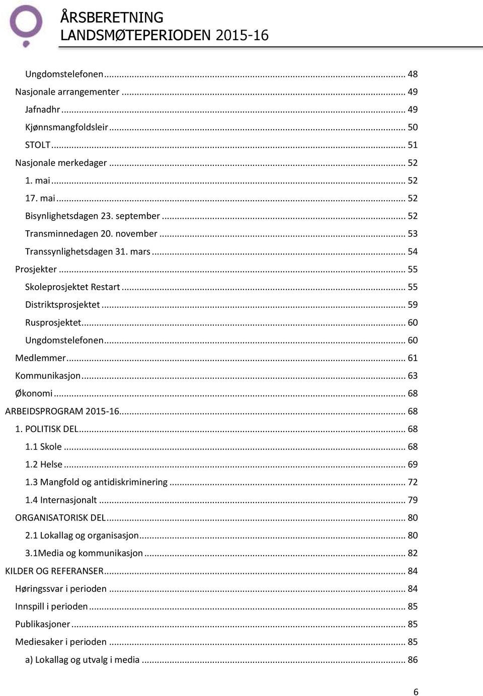 .. 60 Medlemmer... 61 Kommunikasjon... 63 Økonomi... 68 ARBEIDSPROGRAM 2015-16... 68 1. POLITISK DEL... 68 1.1 Skole... 68 1.2 Helse... 69 1.3 Mangfold og antidiskriminering... 72 1.4 Internasjonalt.