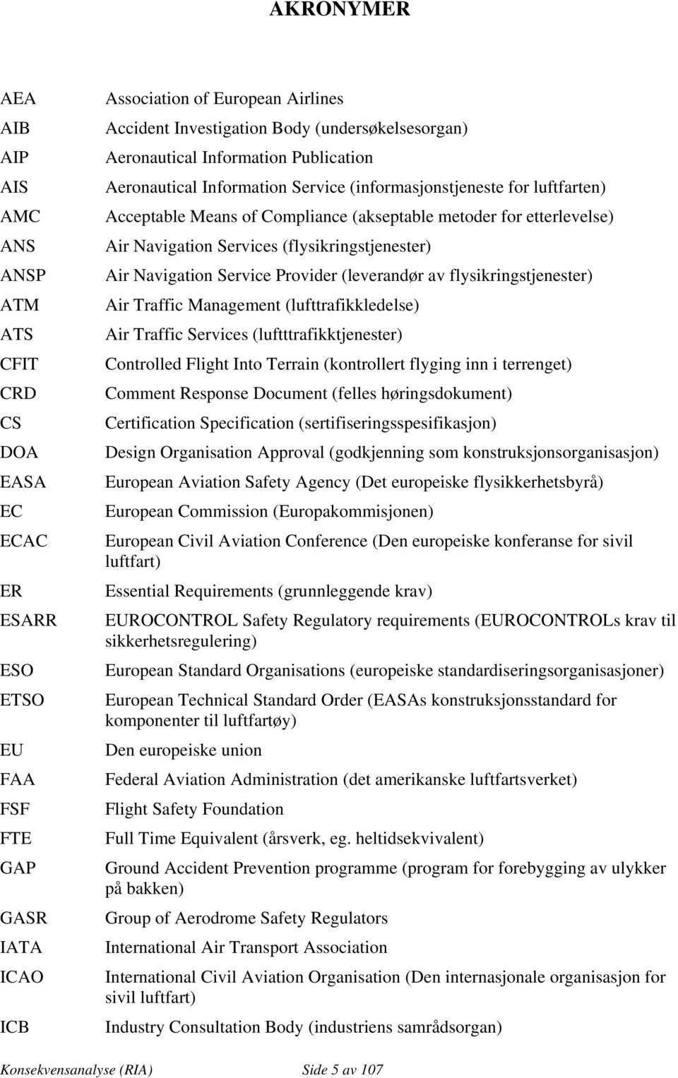 Air Navigation Services (flysikringstjenester) Air Navigation Service Provider (leverandør av flysikringstjenester) Air Traffic Management (lufttrafikkledelse) Air Traffic Services