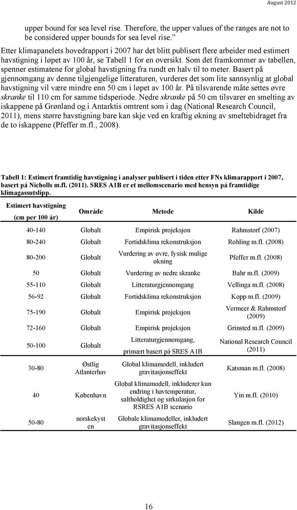 Som det framkommer av tabellen, spenner estimatene for global havstigning fra rundt en halv til to meter.