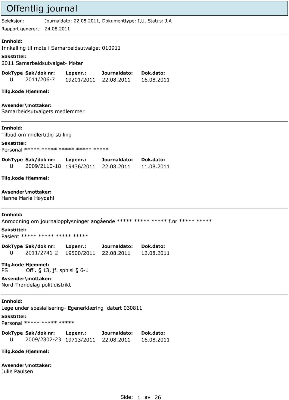 2011 Samarbeidsutvalgets medlemmer Tilbud om midlertidig stilling ***** ***** 2009/2110-18 19436/2011 11.08.