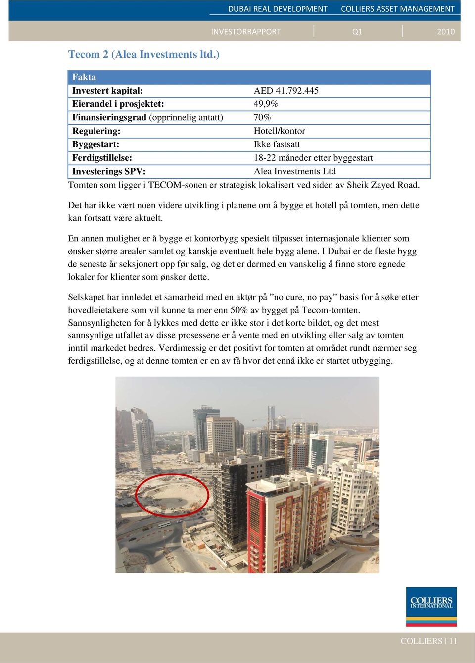 Investments Ltd Tomten som ligger i TECOM-sonen er strategisk lokalisert ved siden av Sheik Zayed Road.