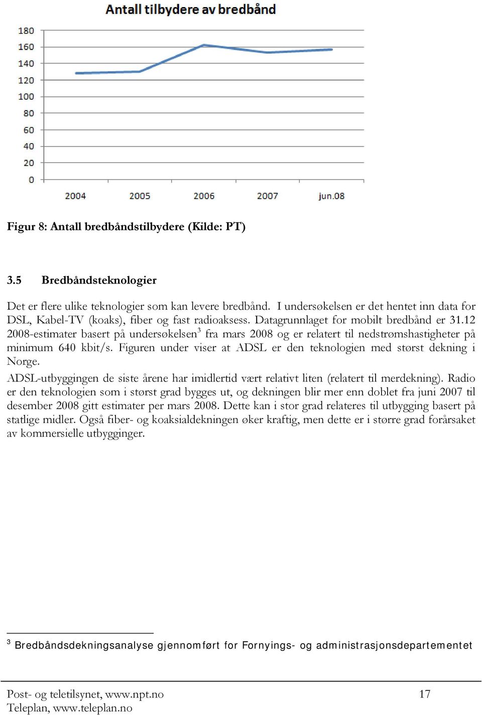 12 2008-estimater basert på undersøkelsen 3 fra mars 2008 og er relatert til nedstrømshastigheter på minimum 640 kbit/s. Figuren under viser at ADSL er den teknologien med størst dekning i Norge.