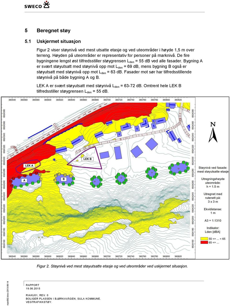 Bygning A er svært støyutsatt med støynivå opp mot L den = 69 db, mens bygning B også er støyutsatt med støynivå opp mot L den = 63 db.