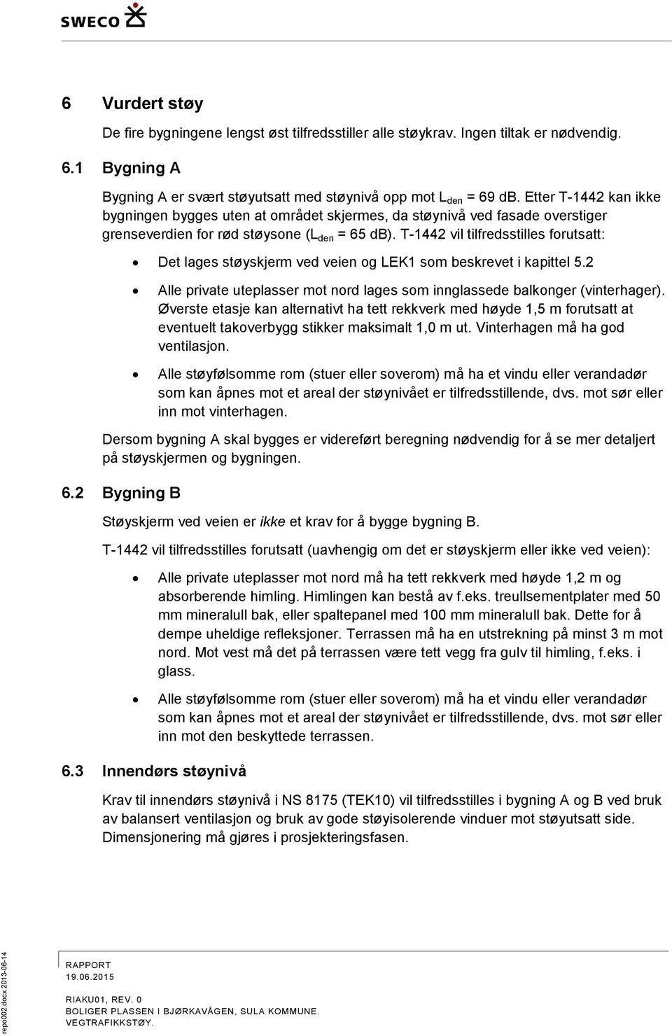 T-1442 vil tilfredsstilles forutsatt: Det lages støyskjerm ved veien og LEK1 som beskrevet i kapittel 5.2 Alle private uteplasser mot nord lages som innglassede balkonger (vinterhager).