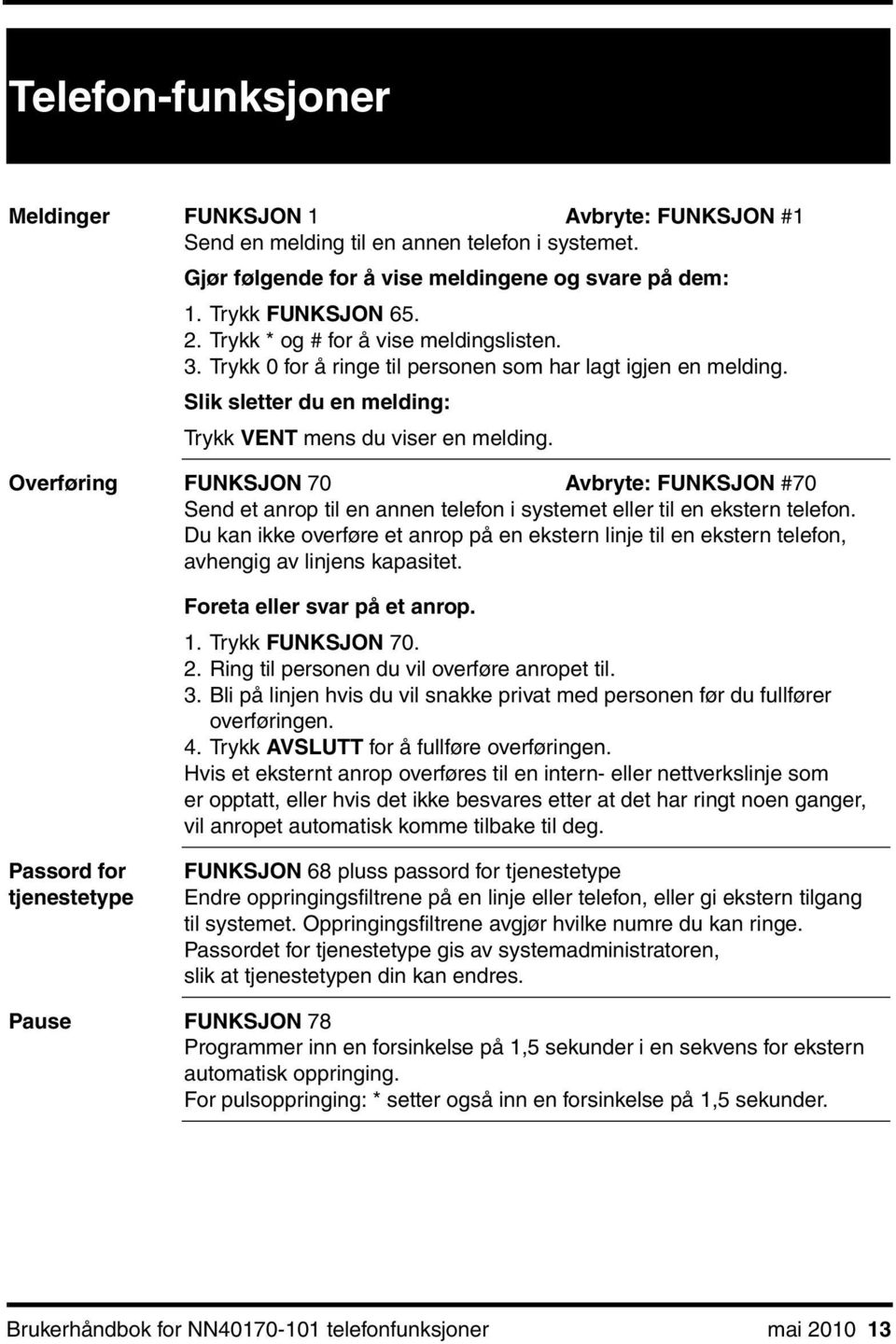 Overføring FUNKSJON 70 Avbryte: FUNKSJON #70 Send et anrop til en annen telefon i systemet eller til en ekstern telefon.