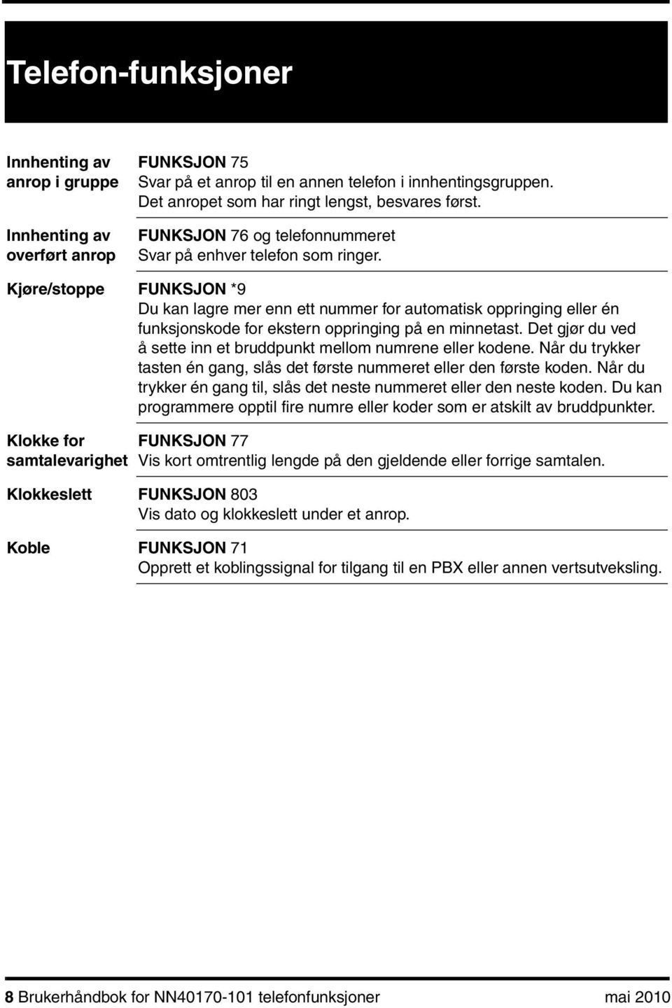 Kjøre/stoppe FUNKSJON *9 Du kan lagre mer enn ett nummer for automatisk oppringing eller én funksjonskode for ekstern oppringing på en minnetast.