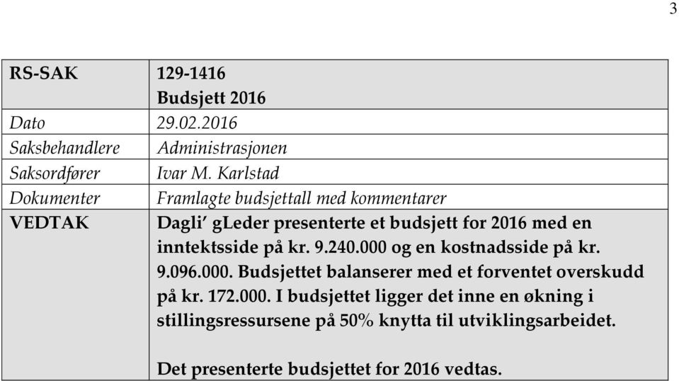 inntektsside på kr. 9.240.000 og en kostnadsside på kr. 9.096.000. Budsjettet balanserer med et forventet overskudd på kr.