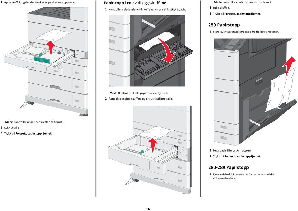 Kontroller at alle papirrester er fjernet. 2 Åpne den angitte skuffen, og dra ut fastkjørt papir. Kontroller at alle papirrester er fjernet. 3 Lukk skuff 1.