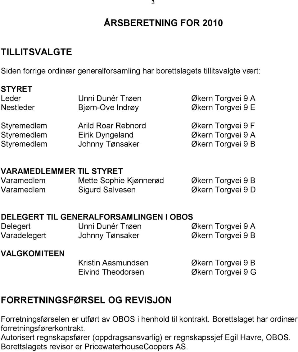 Sophie Kjønnerød Økern Torgvei 9 B Varamedlem Sigurd Salvesen Økern Torgvei 9 D DELEGERT TIL GENERALFORSAMLINGEN I OBOS Delegert Unni Dunér Trøen Økern Torgvei 9 A Varadelegert Johnny Tønsaker Økern