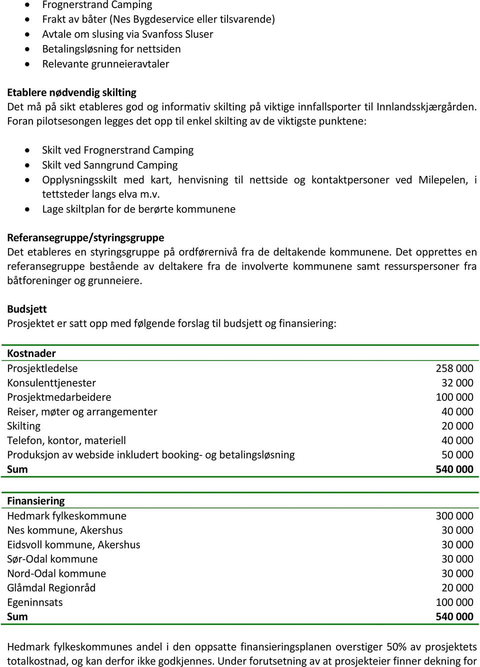 Foran pilotsesongen legges det opp til enkel skilting av de viktigste punktene: Skilt ved Frognerstrand Camping Skilt ved Sanngrund Camping Opplysningsskilt med kart, henvisning til nettside og