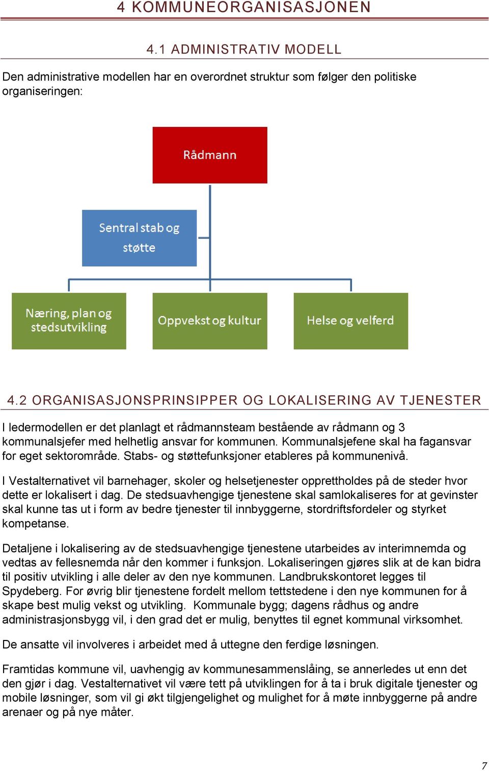 Kommunalsjefene skal ha fagansvar for eget sektorområde. Stabs- og støttefunksjoner etableres på kommunenivå.