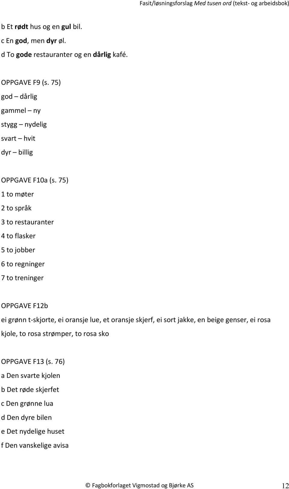 75) 1 to møter 2 to språk 3 to restauranter 4 to flasker 5 to jobber 6 to regninger 7 to treninger OPPGAVE F12b ei grønn t skjorte, ei oransje lue, et