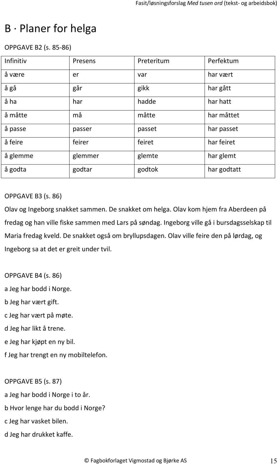 har feiret å glemme glemmer glemte har glemt å godta godtar godtok har godtatt OPPGAVE B3 (s. 86) Olav og Ingeborg snakket sammen. De snakket om helga.