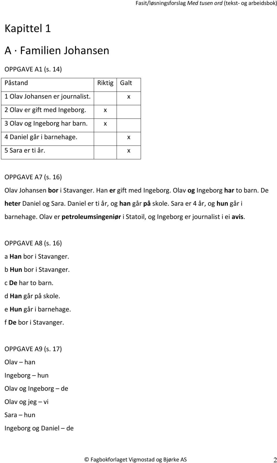 Sara er 4 år, og hun går i barnehage. Olav er petroleumsingeniør i Statoil, og Ingeborg er journalist i ei avis. OPPGAVE A8 (s. 16) a Han bor i Stavanger. b Hun bor i Stavanger. c De har to barn.