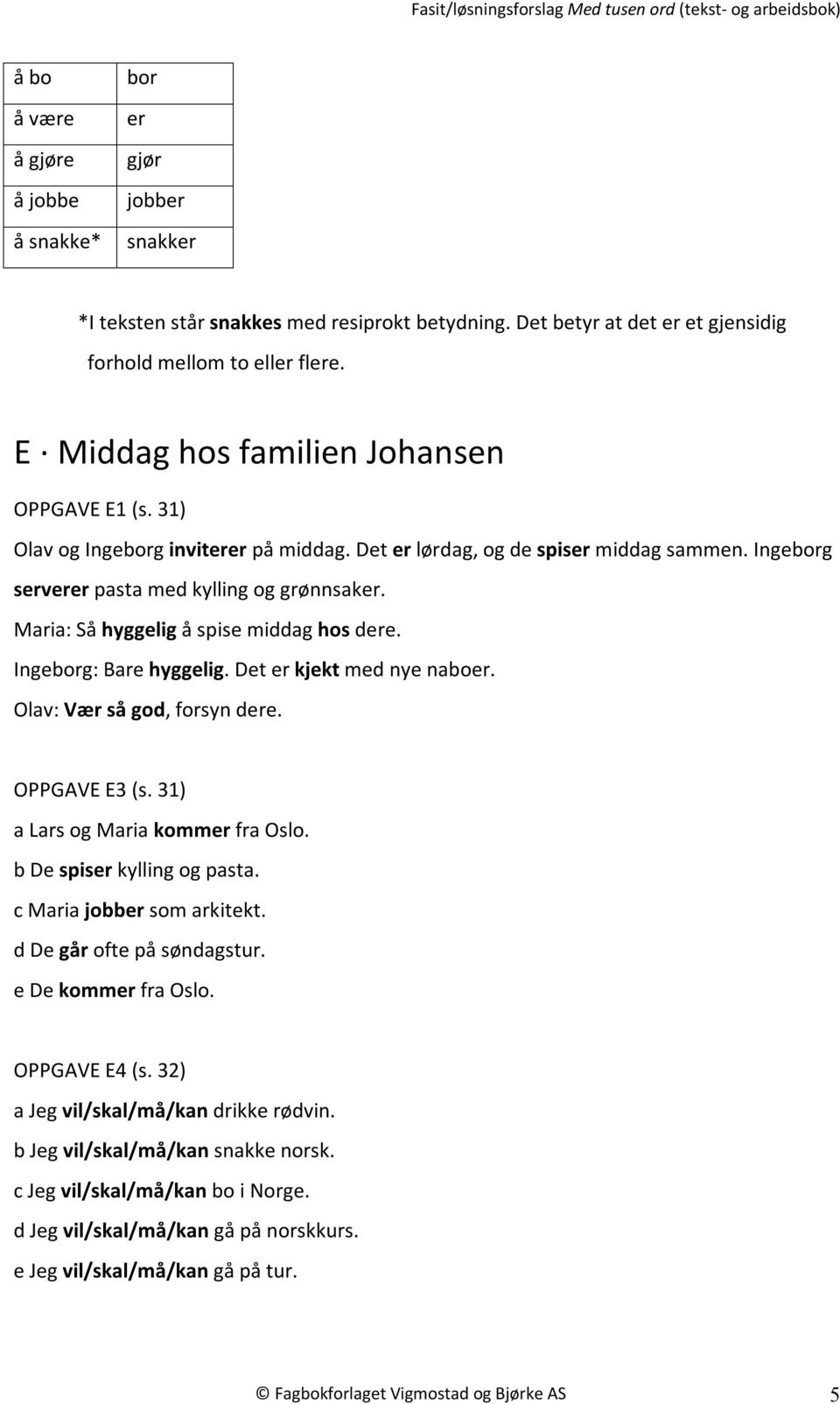 Maria: Så hyggelig å spise middag hos dere. Ingeborg: Bare hyggelig. Det er kjekt med nye naboer. Olav: Vær så god, forsyn dere. OPPGAVE E3 (s. 31) a Lars og Maria kommer fra Oslo.